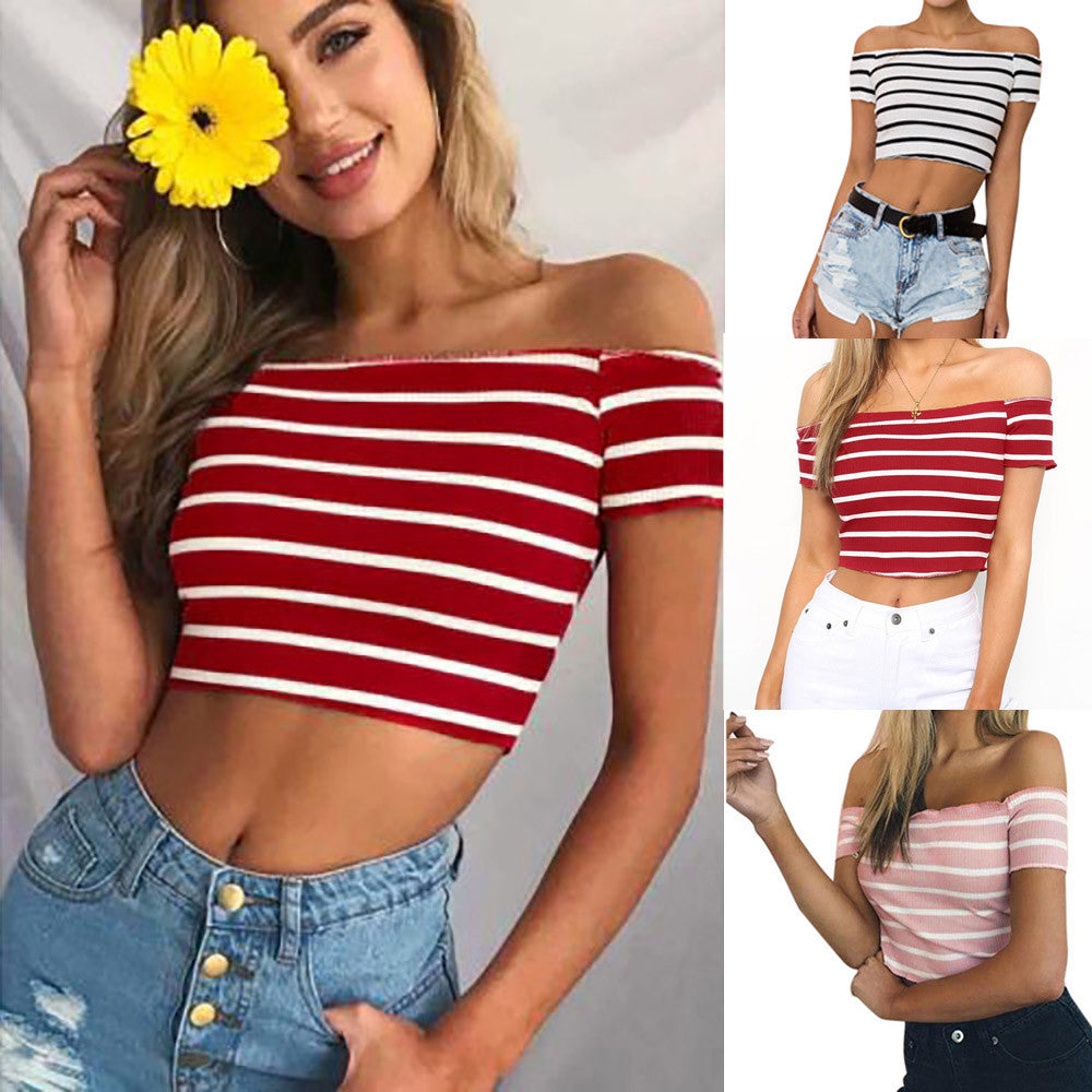 Ladies Off Shoulder Short Sleeve Striped Blouse