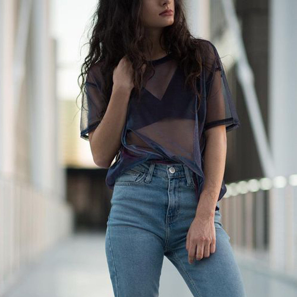 Women Hollow  Round Neck T-shirt
